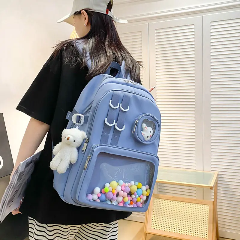 Fashion Cute Girls Schoolbag Round Pouch Waterproof Transparent Outer Pocket Lightweight Travel Laptop Backpacks with Acces