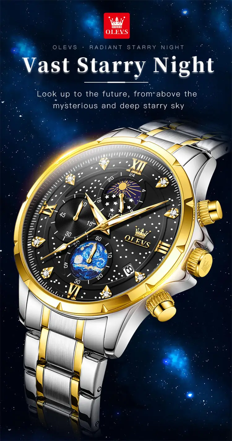 OLEVS 9807 special custom brand  gents quartz watch original Stainless steel band Luminous Chrono stars sun Casual hand watch