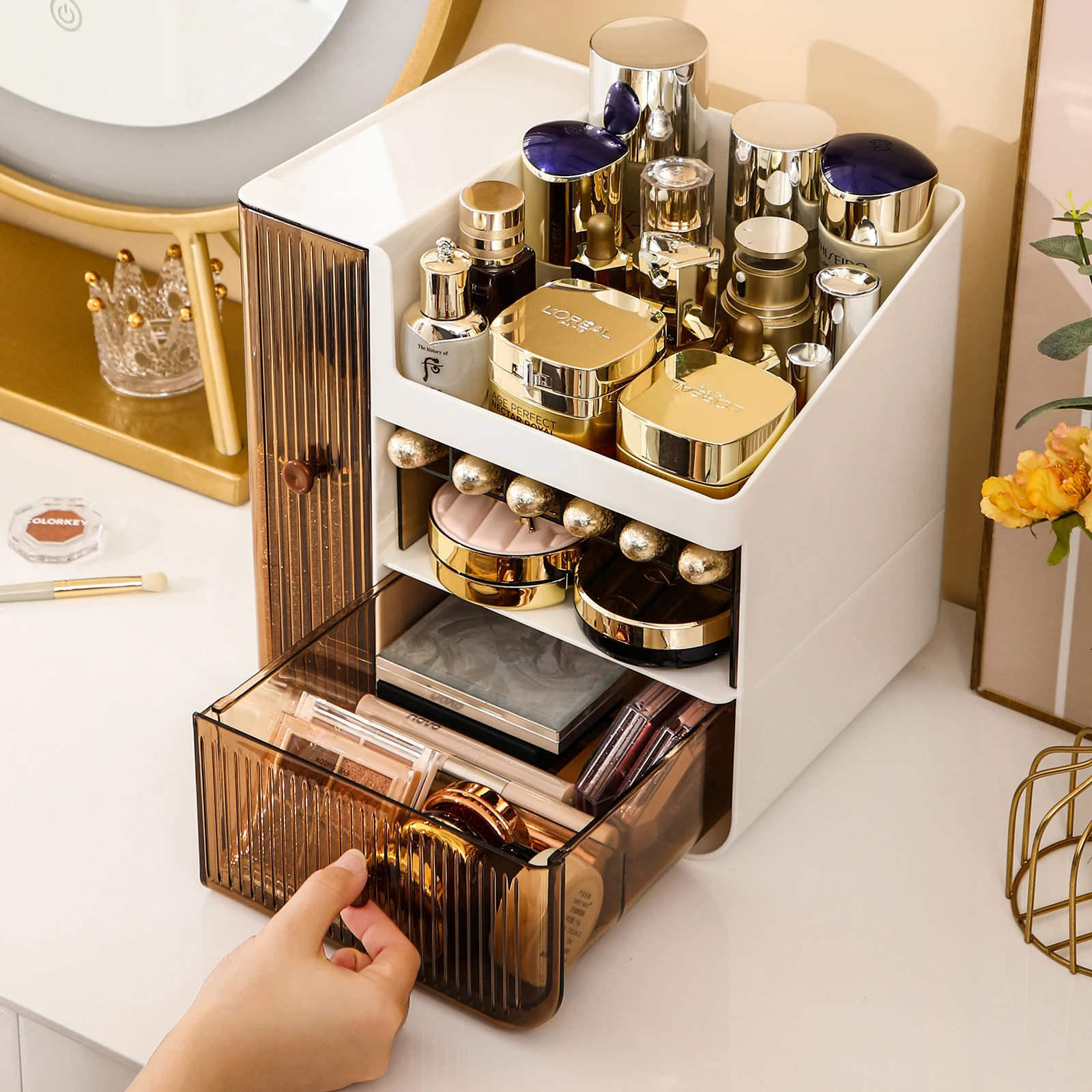 Makeup Organizer Storage Cosmetic Display Case With 2 Clear Drawers Skincare Organizer for Vanity Lipsticks