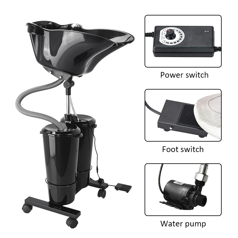 Adjustable portable shampoo bowl with electric pump shampoo station 2 buckets, drain, high pressure sprayer foot switch and tray
