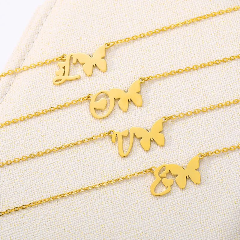 Simple Jewelry Letter Butterfly Pendant Necklace Stainless Steel Initial Charm Letter Pendant Necklace For Gifts