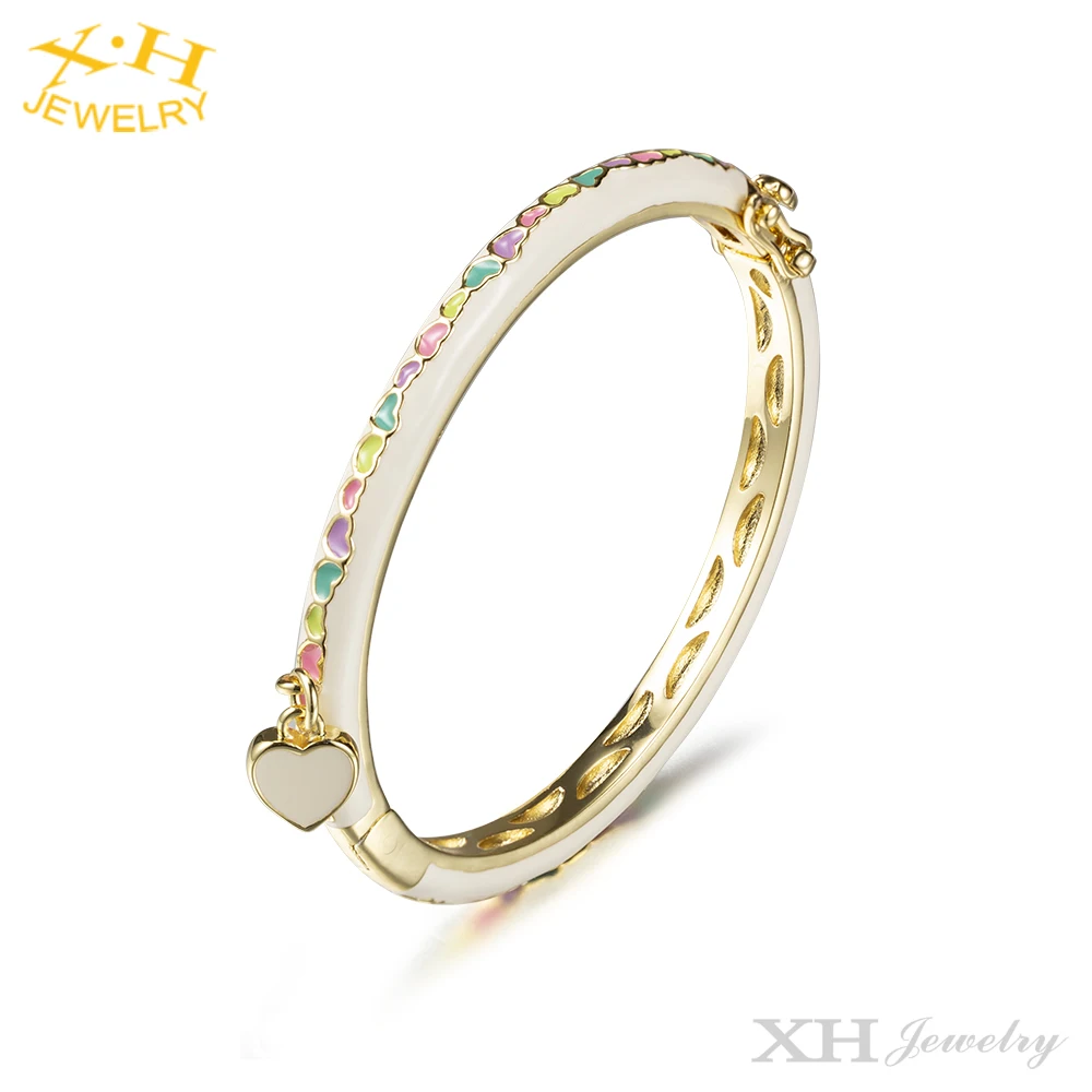 High Quality Kids Jewelry Colorful Love Heart Flower Enamel Brass Bangle Gold Plating