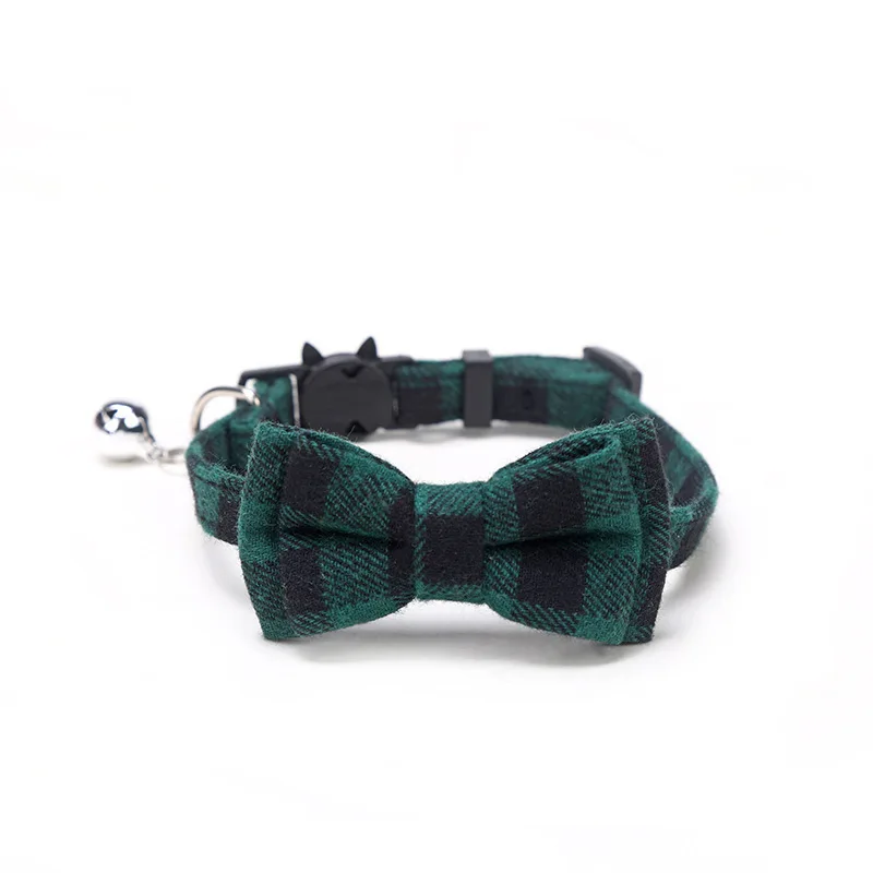 Checkered Fabric Pet Bell Collar with Bow Tie Sticker and Buckle Style New Pet Accessory