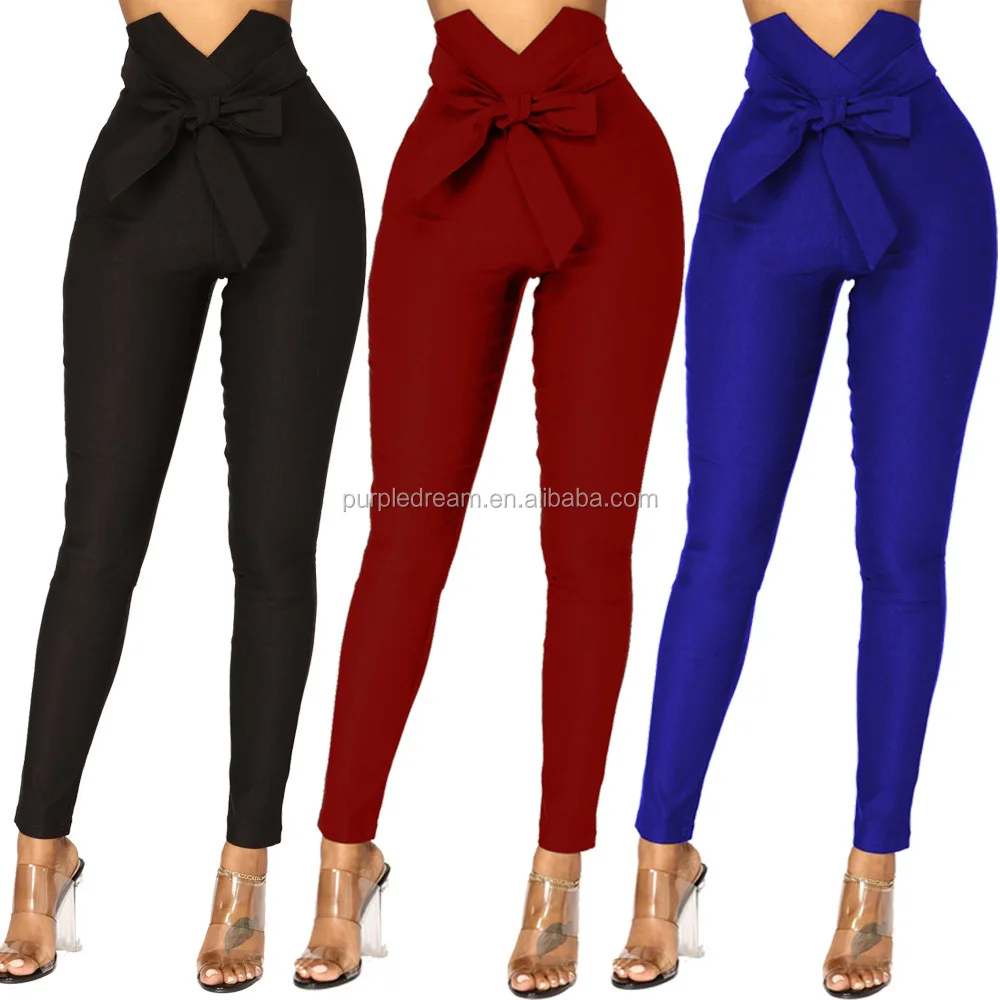 
Comfort Cotton Solid Color Skinny Bow Pencil Pants For Women Trousers 