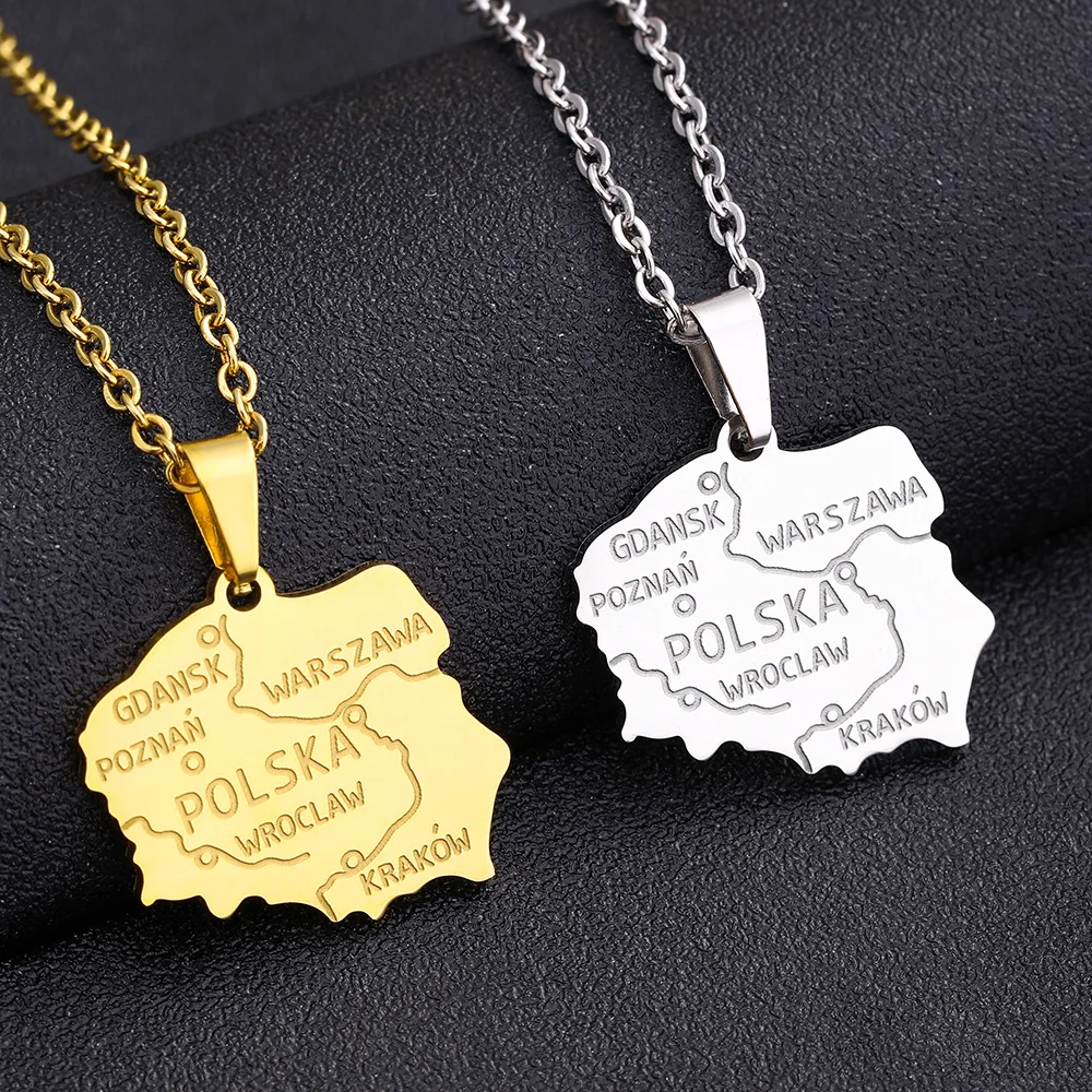 High Quality Non Tarnish Silver 18K Gold Plated 316L Stainless Steel Poland Map Pendant Necklace Jewelry For Women