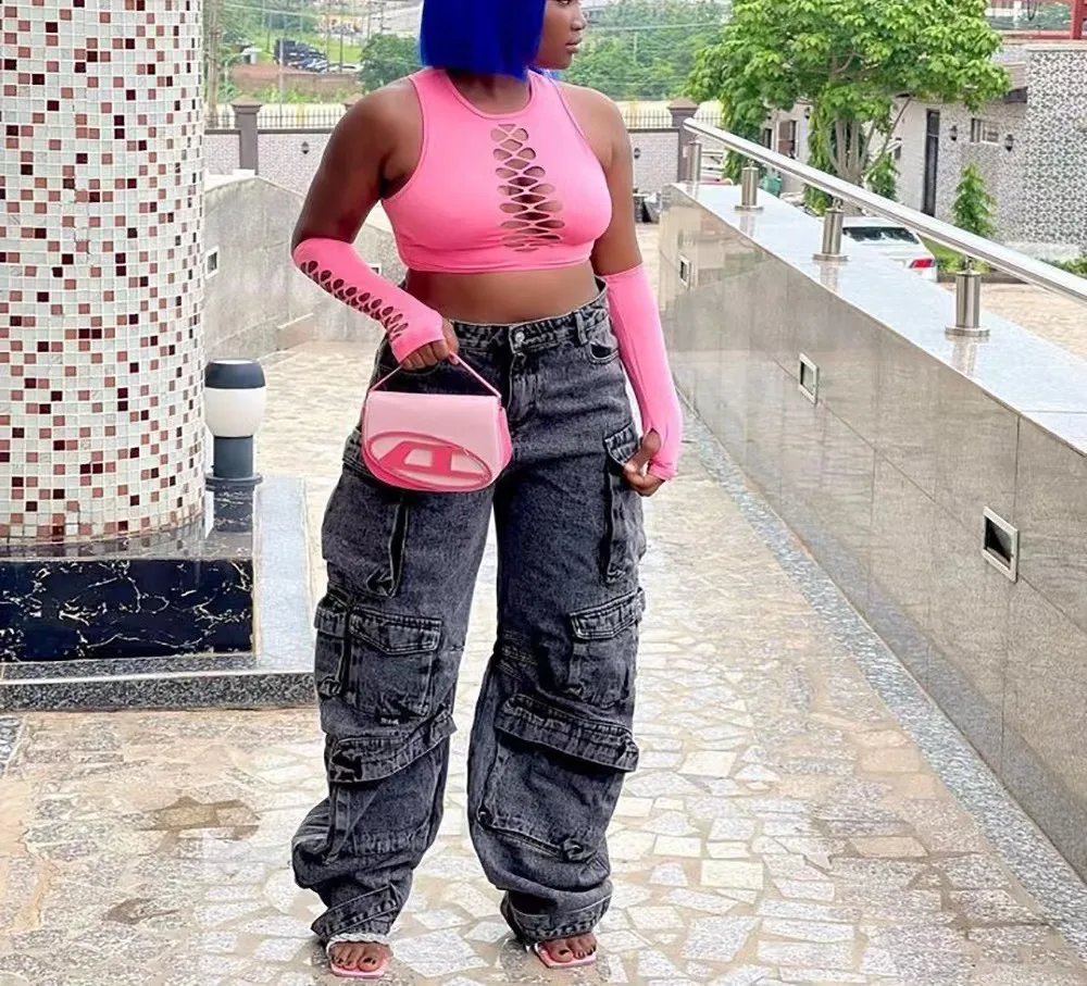 High Quality Streetwear Cargo Jeans Women Solid Color Wide Leg Pants Overall Baggy Jeans For Women 2024 Fall