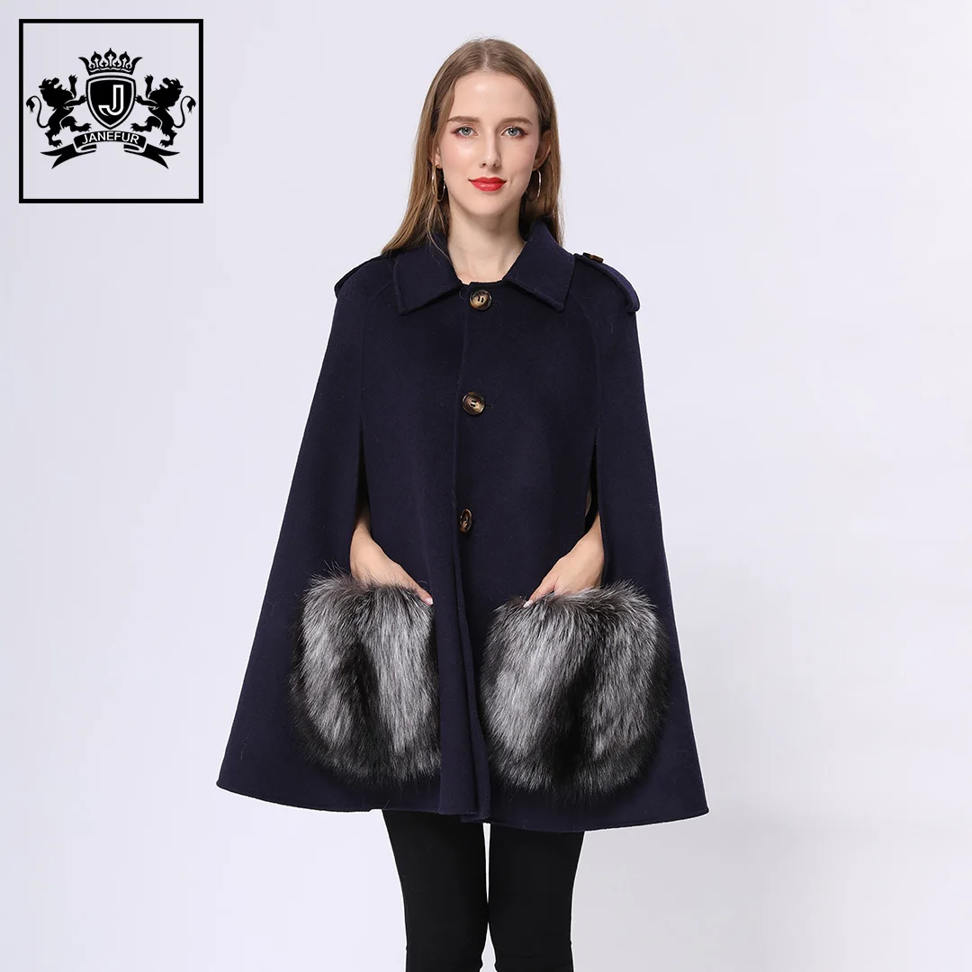 Janefur Fashion autumn winter free size wool coat fox fur pockets poncho soft cashmere wool shawl with fur for women