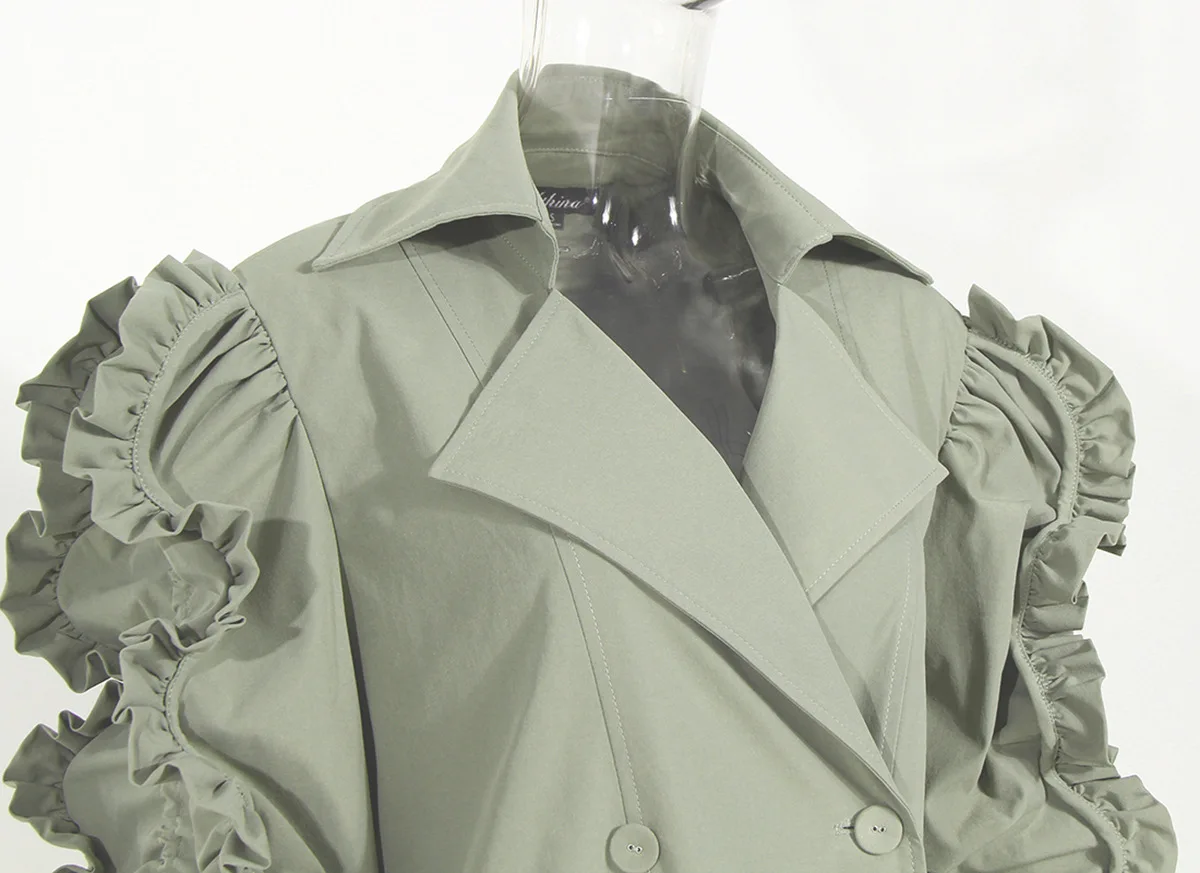 Женское двубортное длинное пальто, элегантная Ветровка-Тренч выше колена с оборками