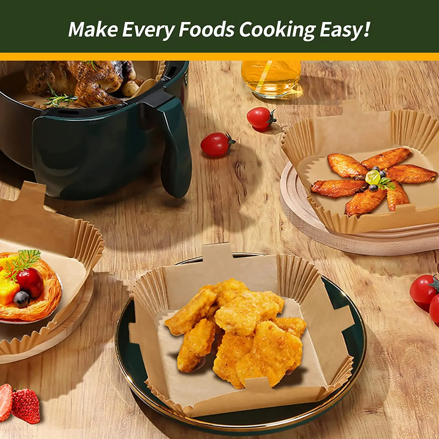 100Pcs Air Fryer Disposable Paper Liner 7.9 Inch Non-stick Square Air Fryer Parchment Paper for Microwave Oven Baking Roasting