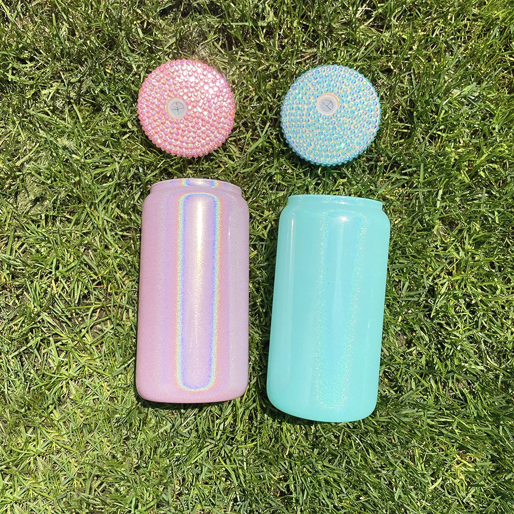 Wholesale Bulk 16oz blue pink white silver purple Shimmer Glitter Glass Can blank sublimation glass cup with bling lids