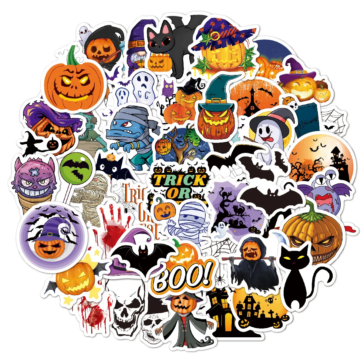 Halloween Festival Party Home Decorations 50pcs Pack DIY Self-Adhesive Waterproof Halloween Bats Pumpkin Vinyl Stickers