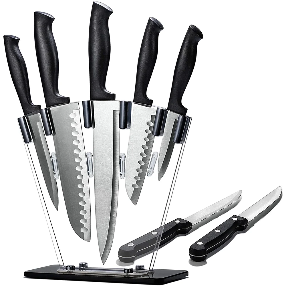 Custom OEM ODM Wholesaler Professional Stainless Steel Kitchen Knife Set With Block Black and Steak knives blades Acrylic Stand