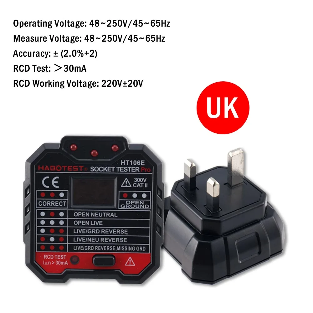 1 шт. Habotest HT106B D E Socket тестер цифровой дисплей детектор напряжения US EU UK Plug Fire Ground нулевая линия проверки фазы полярности