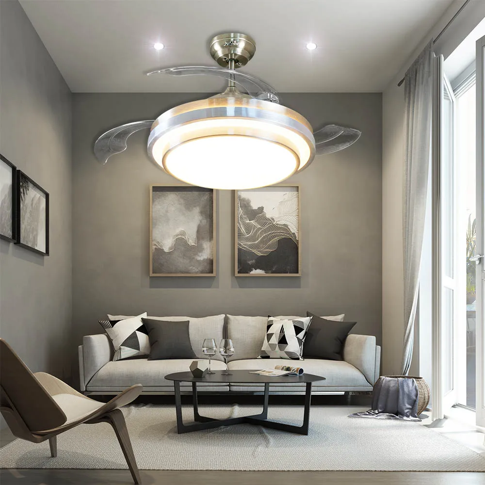 1stshine Modern Brushed Nickel 42 Inch Retractable Led Quality Ceiling Fan Lighting With Hidden