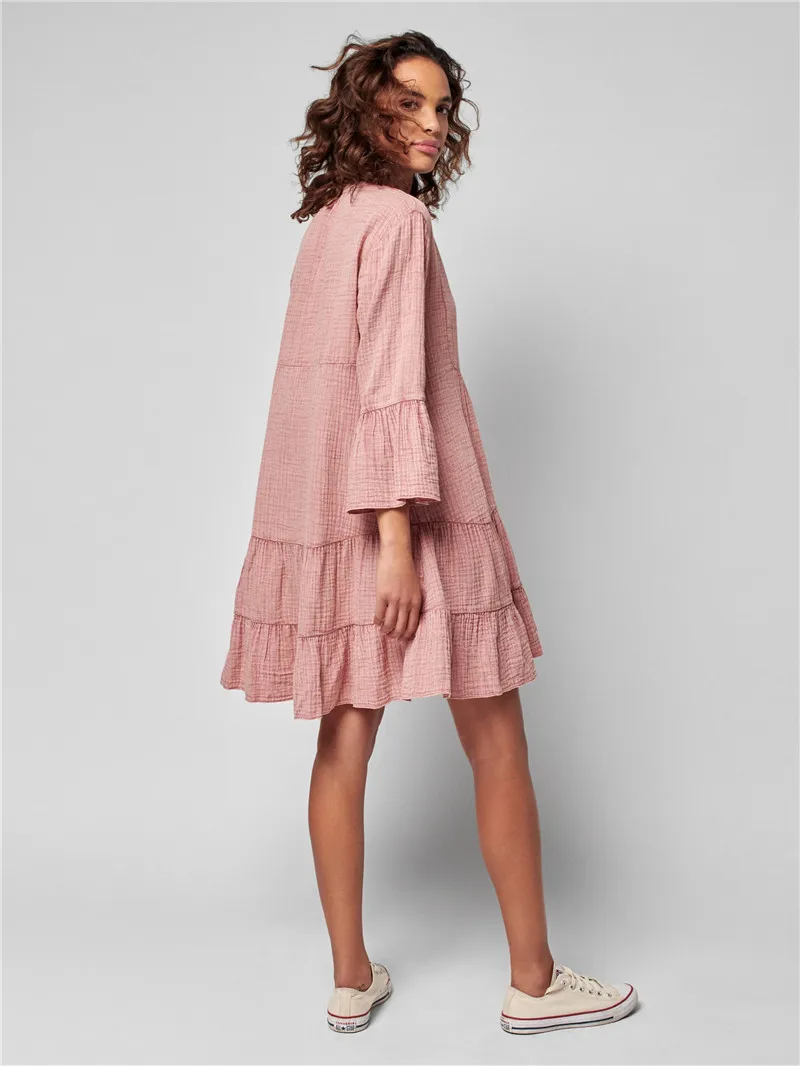 2022 Hot Sale Ladies Long Sleeve V Neck Button Front High Low Hem Summer Beach Cotton Gauze Dress