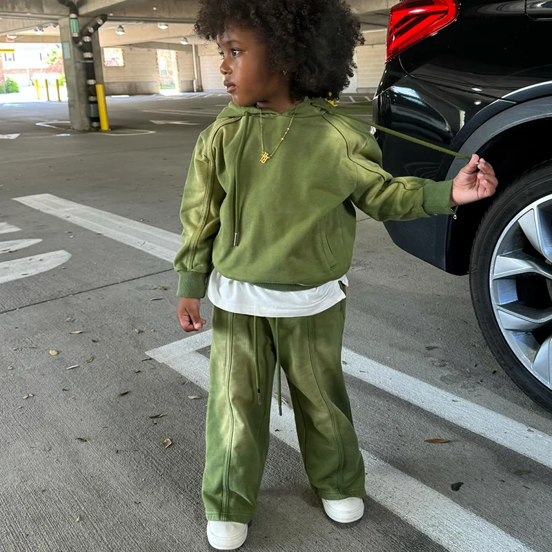 Custom Logo Boys Clothing Sets Cotton Puff Print Kids Hoodie Vintage Acid Wash Sweat pant And Hoodie Set Tracksuit For Children