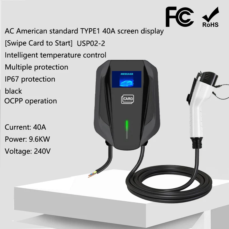 ZR-USP02-2 40A Type1 AC 9.6KW ev charger charging station display screen 4G or WiFi swipe the card to start for electric car