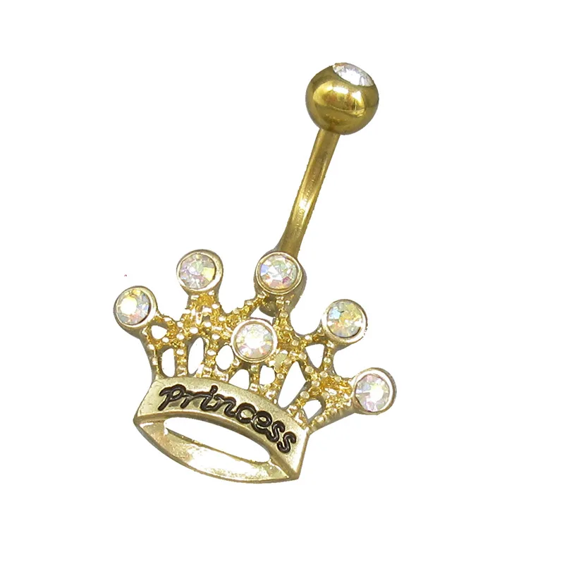  BBR-119 2021 Body Piercing Jewelry Luxury Belly Button Rings Surgical Rose Gold Zircon Crown With Princess