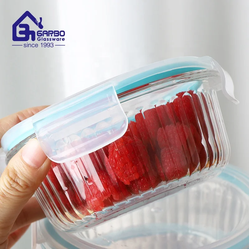 400ml 620ml 950ml Stripe design Wholesale Storage  Lunch Box High Borosilicate Glass Food Container With Locking Lid