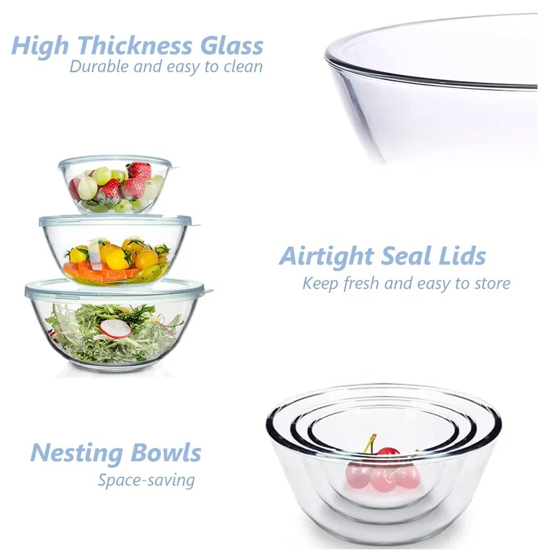 High Borosilicate Glass Mixing Bowl with PP lid,4.5QT 2.7QT 1.1QT Large Kitchen Salad Bowls Space-Saving Nesting Bowl for Baking