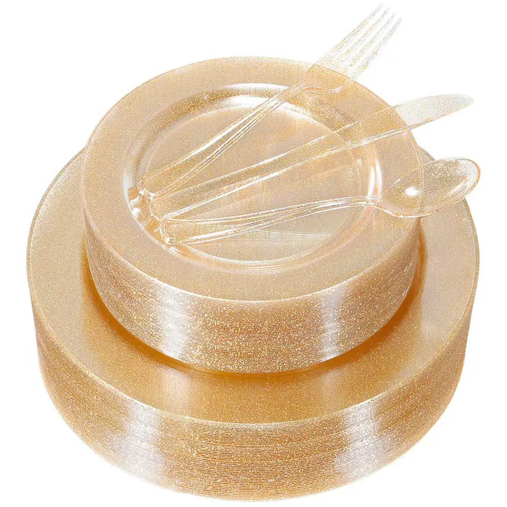 Gold Glitter Plastic Plates with Disposable Silverware, Cups Dinnerware sets for Wedding Parties