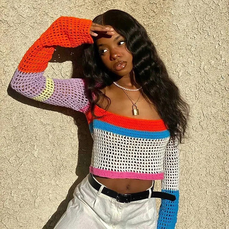 Square Neck Women Mesh Long Sleeve Top Knit Crop Sweater Sexy Rainbow Stripe Cropped Sweater