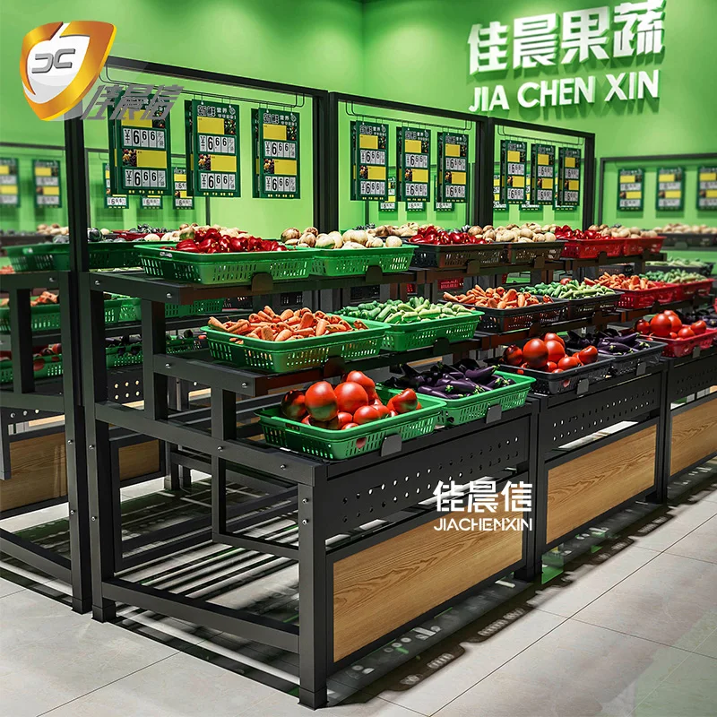 Wholesale Price Shelf Manufacture Metal Wooden Fruit and Vegetable Display Rack Stand for Fresh Store With Logo