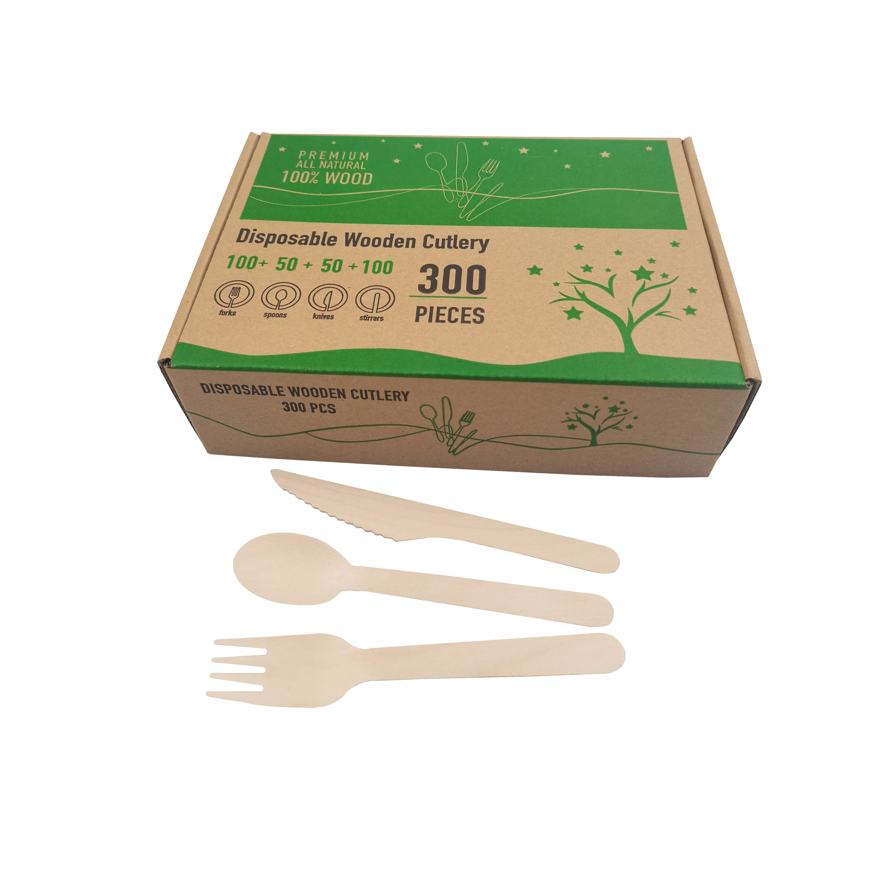 Promotional low price biodegradable wood cutlery set disposable knife spoon fork napkin 4 in 1 with logo