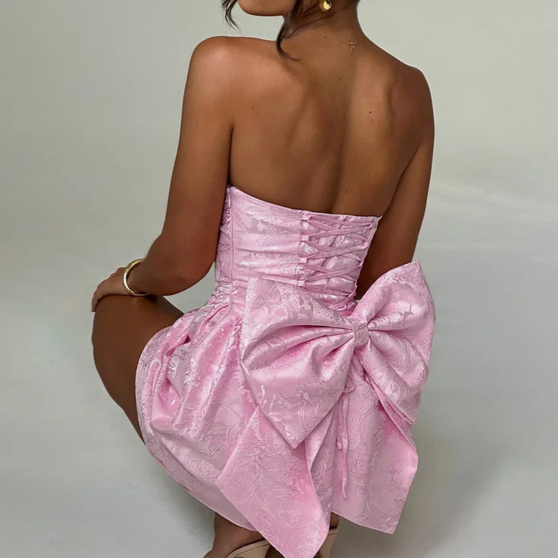 Elegant Jacquard Mini Party Cocktail Dress with Big Bow Tube Evening Clothing for Women