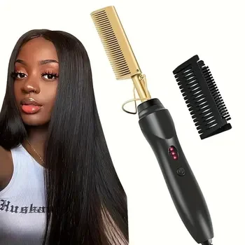Hot Selling High Temperature Hair Straightener Comb Heat Pressing Brush Electric Copper Hot Comb for Wigs Curling Straightening