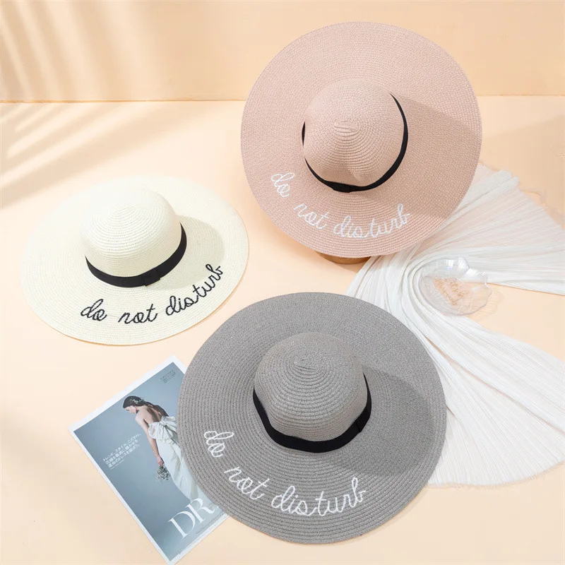 Custom logo women wide brim straw roll up summer beach big floppy straw visor hats