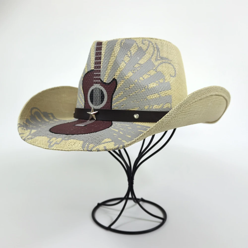 High Quality Women Paper Straw Cowgirl Straw Hat Shapable Brim Sombreros Fashion Straw Men Cowboy Hat Hand Drawn Guitar