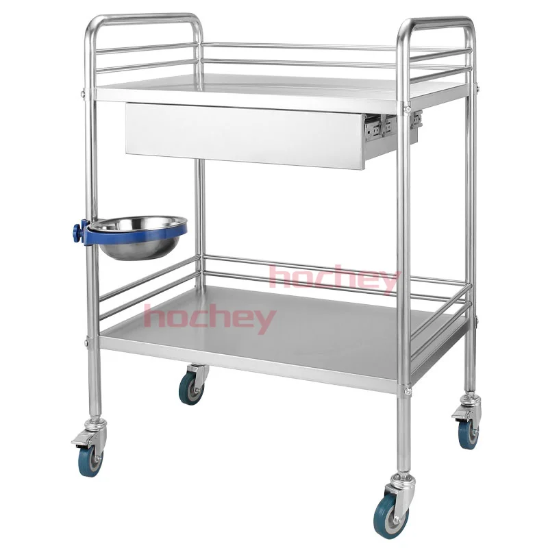 Hospital Instrument Trolley Stable 2 Layers Medicine 304 SS Cart Dressing Trolley Medical Trolley Cart With Drawer