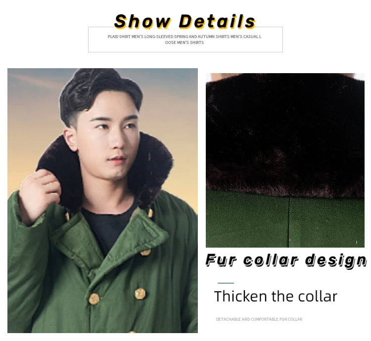 Hot Outdoor Long Coats Jacket Chinese Classic Army Green Overcoat Mens Winter Warm Fur Collar Trench Coat Overgarment