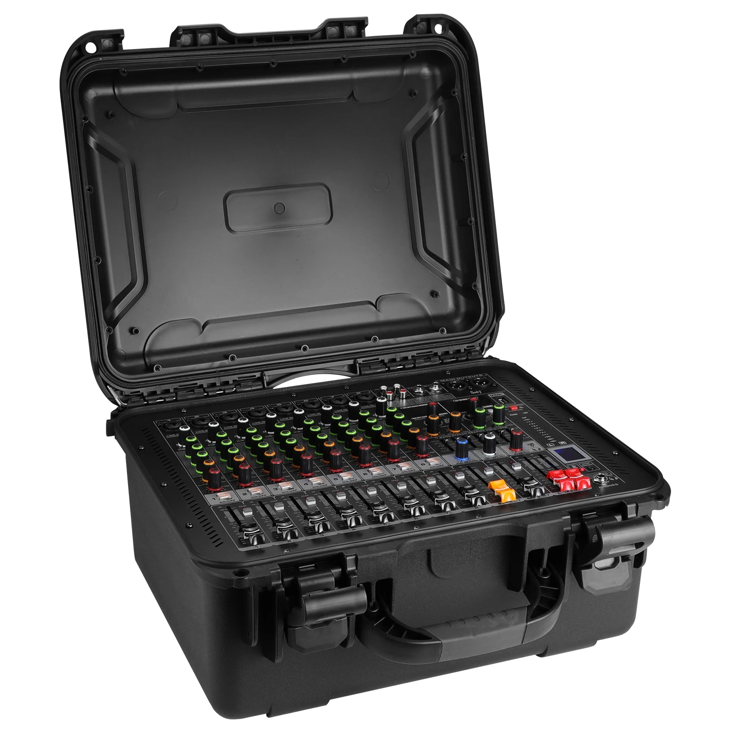 New design Professional Powered Mixer  build-in power amplifier 8 channel audio mixer with 2 wireless microphone with shell box