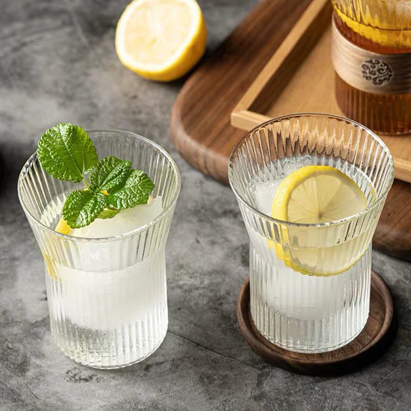 Оптовая продажа стеклянная чайная чашка стеклянные чашки в рубчик для молока и кофе с деревянным тепловым щитком