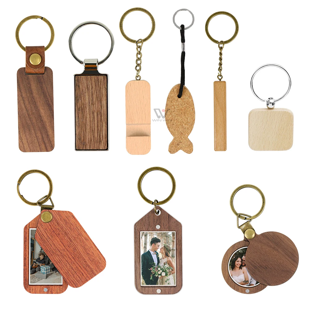 Handmade Wooden Keychain Ring Custom Shape Logo Wood Craft Key Holder