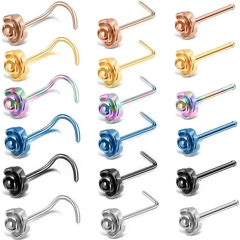 New Arrivals: Fashionable Nose Piercing Jewelry Set with Rose Nose Rings, Ear Studs and L-Shaped Nose Pins