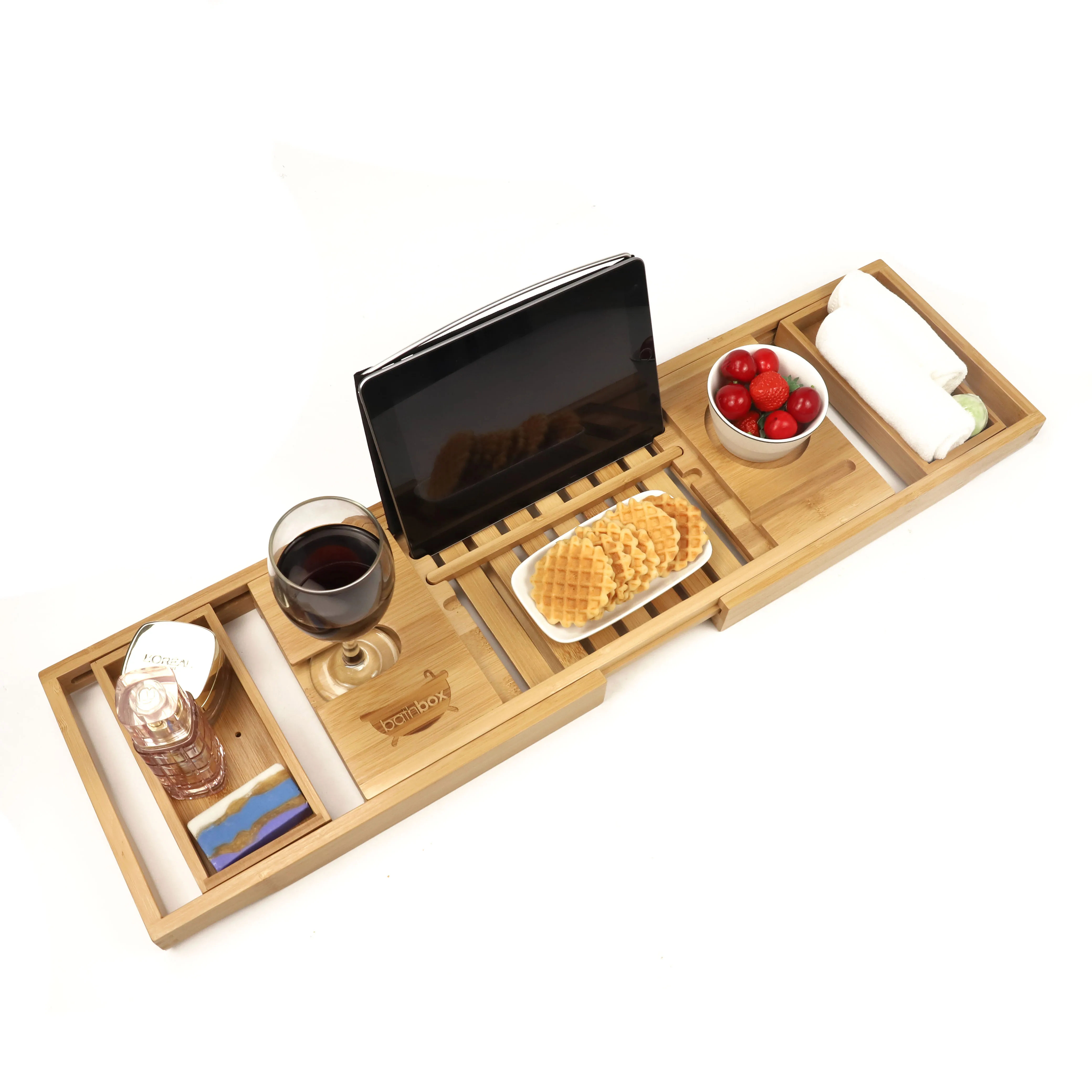
Eco-friendly Adjustable Luxury Bamboo Wooden Bathroom Bath Caddy Tray Bathtub Board and Caddy with Extend Side 
