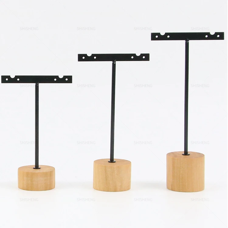 SHI SHENG Metal 3 Pcs T Bar Earring Display Stand with Wooden Base Jewelry Holders Hanging for Store Retail Photography Props