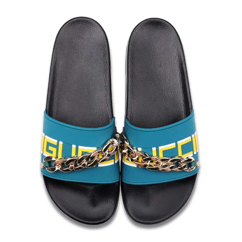 Big Golden Chain Wholesale Oem Custom Small Moq Slide Slippers Slides Custom Logo Luxury Rubber 3d Custom Slides