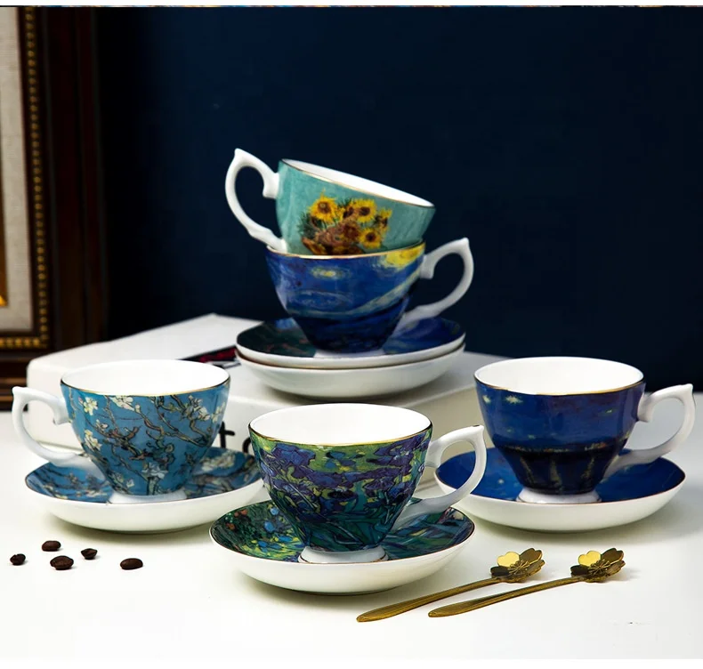 Coffee And Tea Set Bone China Tea Set Oil Painting Style Van Gogh Tea Cups With Delicate Gift Box And Spoon Saucer