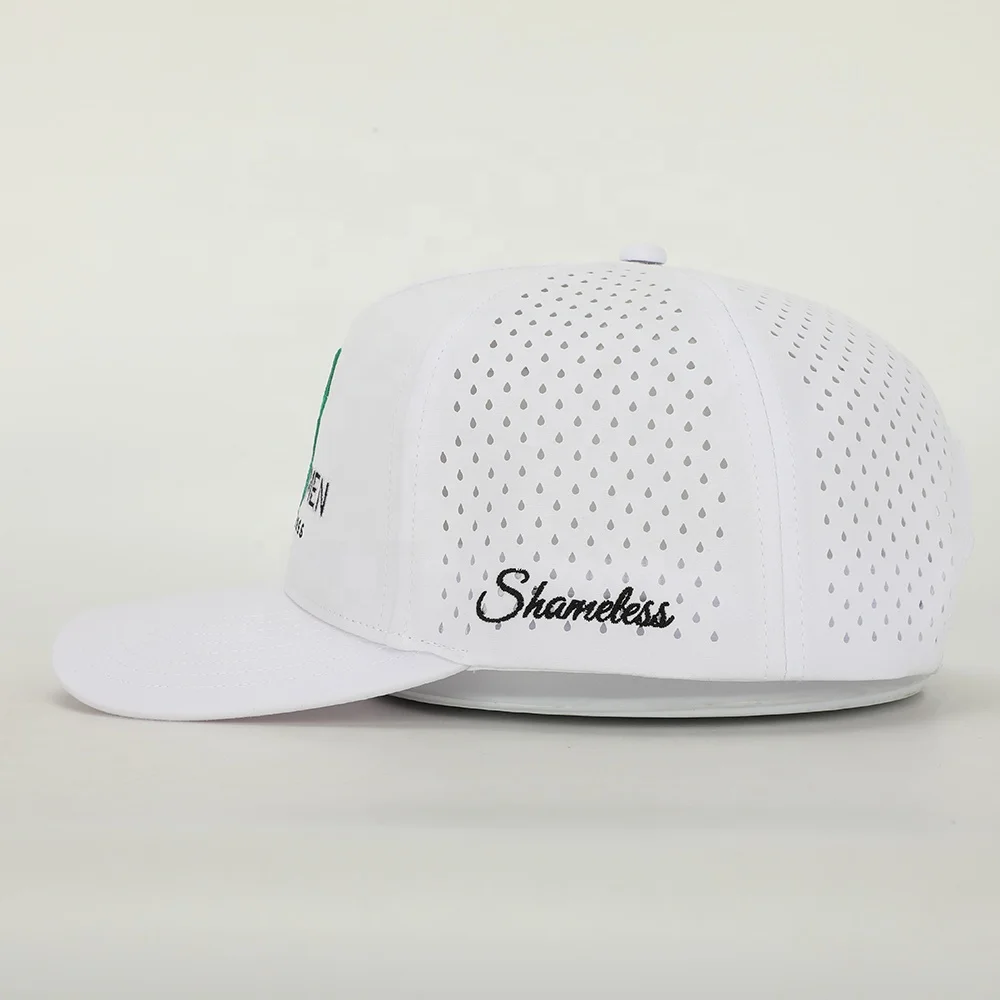 Wholesale Custom 5 Panel Outdoor Sport Hat High Quality Embroidery Logo White Polyester Golf Gorras Laser Cut Hole Baseball Cap