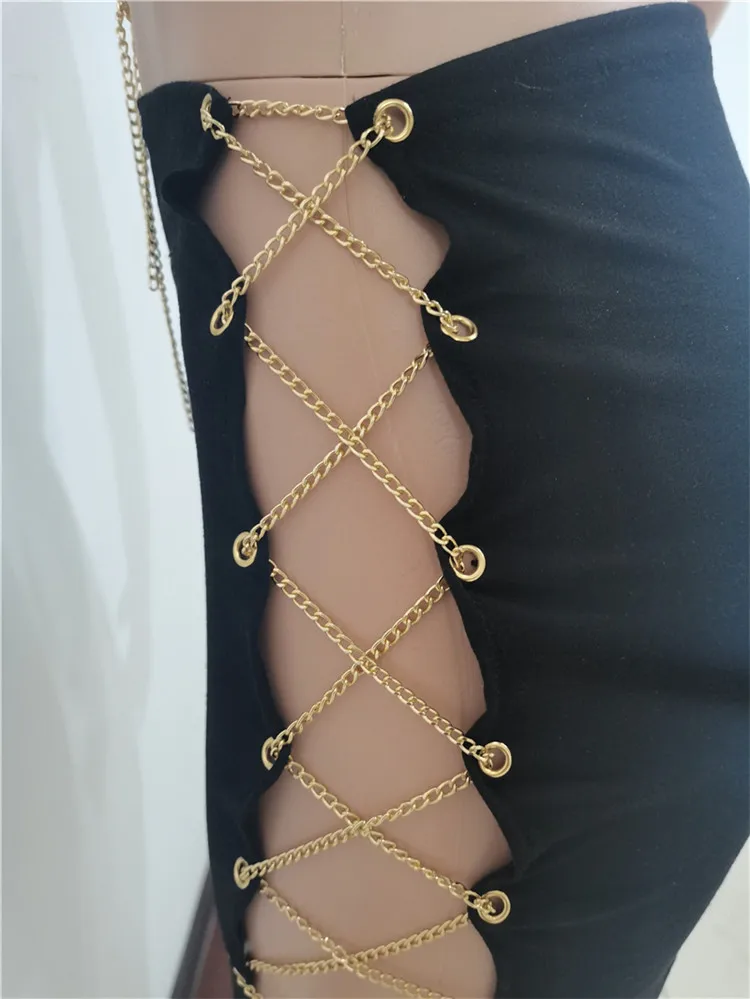 Summer 2021 New Women Fashion Sexy Bandage Chain Crop Top And Mini Skirts Two Piece Set Outfits