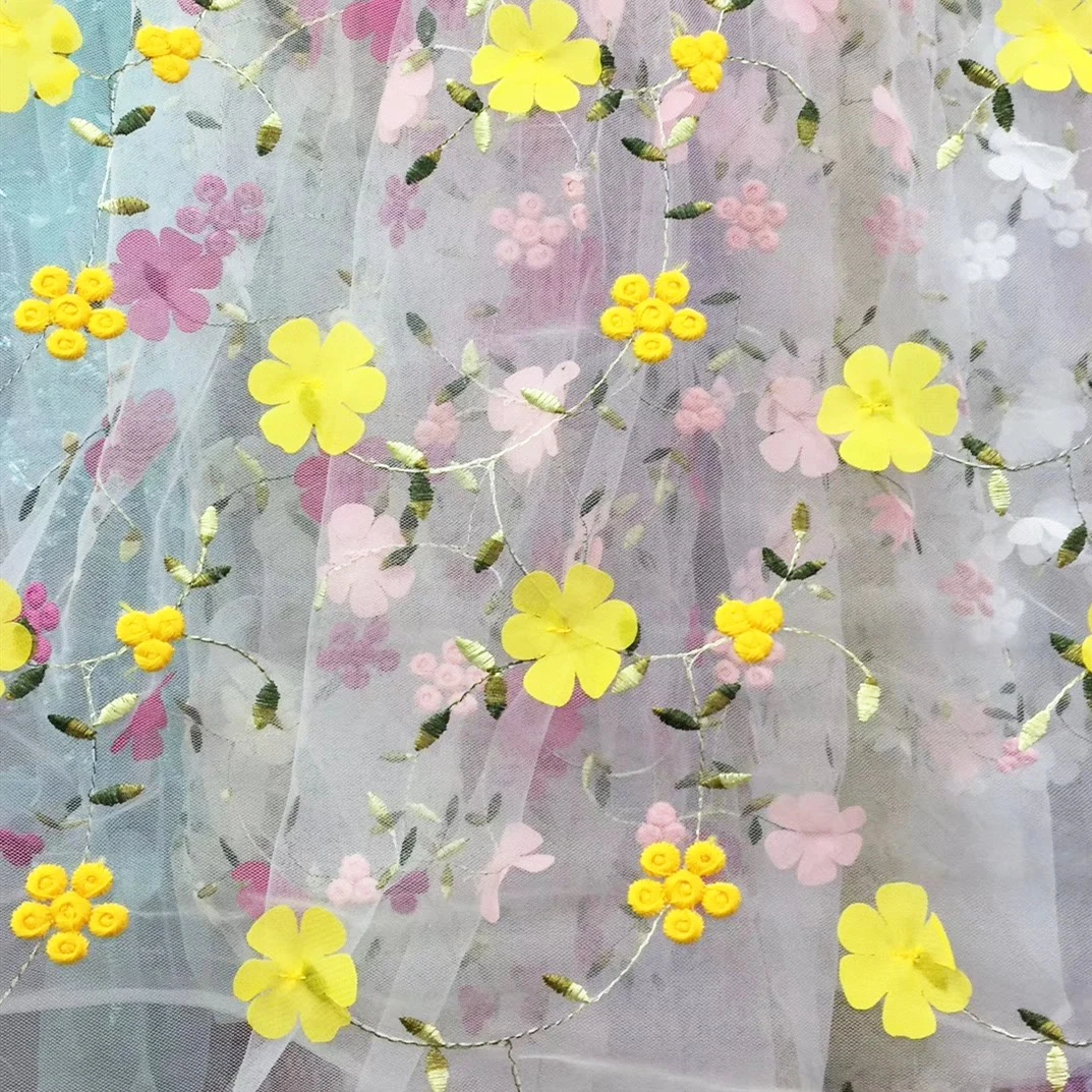 Hot Sale Colorful Cute Child Girl Lace Design Embroidery Fabric Wholesale Price 3d Small Flower Fabric