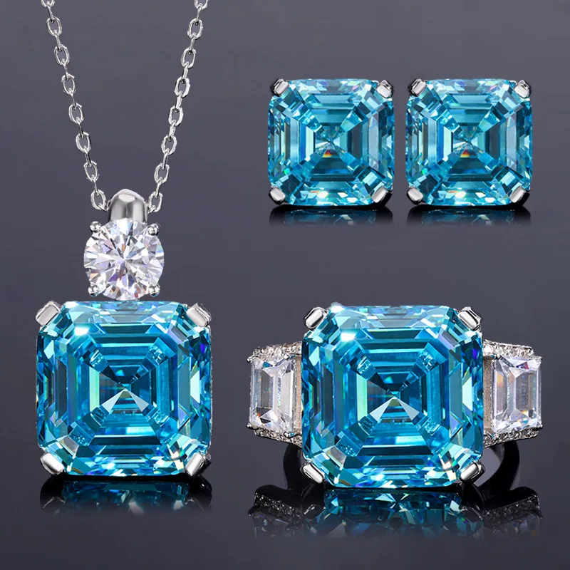 Fine Jewelry 925 Silver 15*15 Sea Blue Synthetic Gemstone Pendant/Necklace/Earrings/Ring Wedding Sets for Women