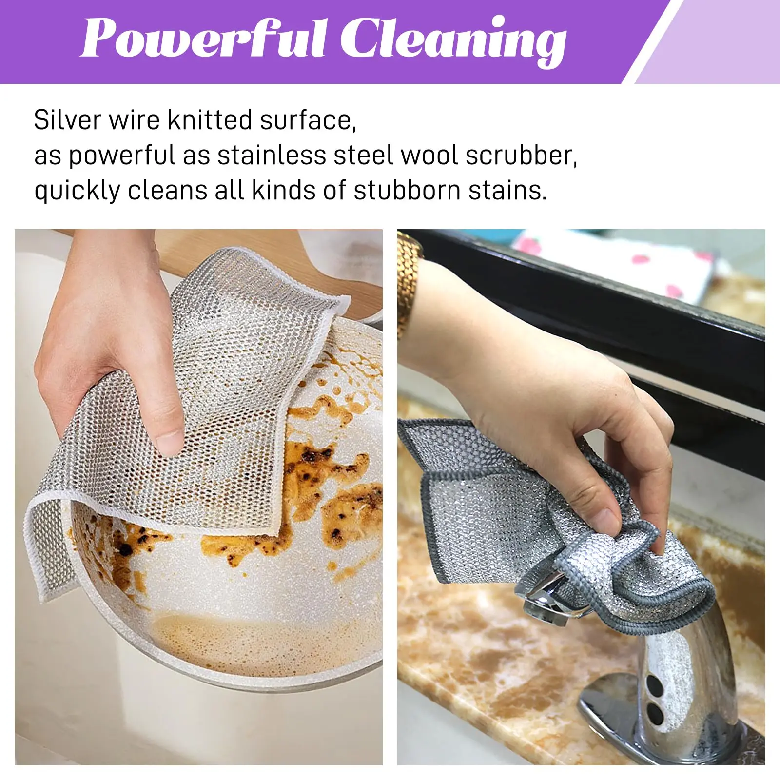 Kitchen Powerful Cleaning Silver Wire Dishwashing Rags Magic Scouring Pads Household Double-Sided Silver Wire Cleaning Cloths