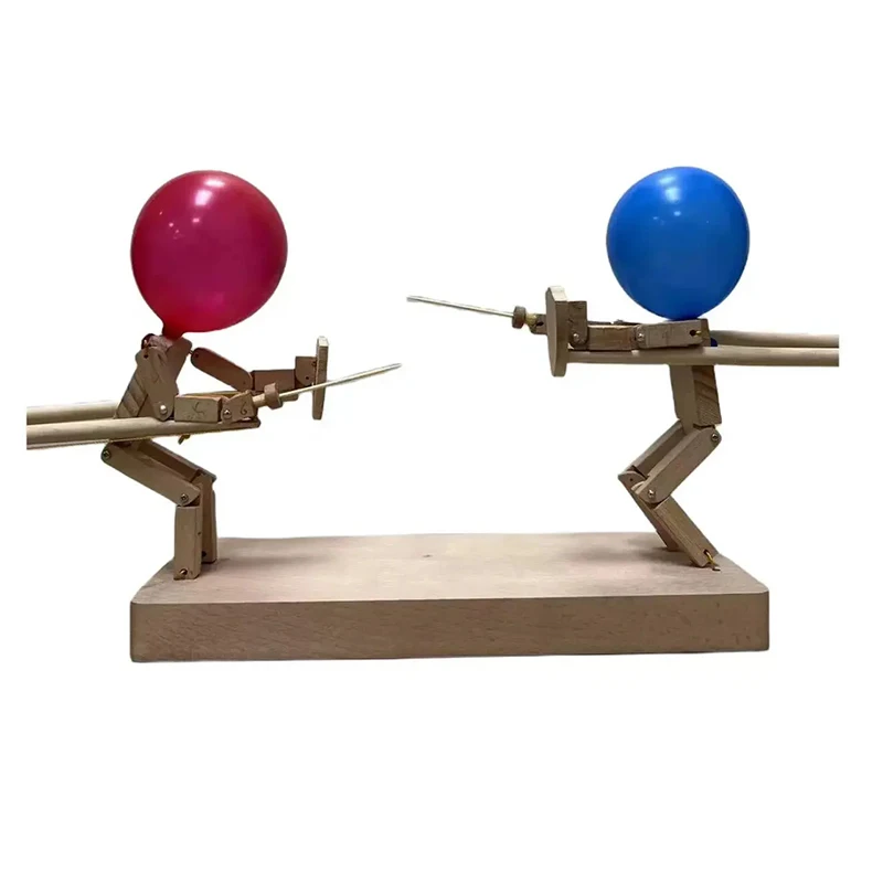 Handmade Wooden Fencing Puppets Balloon Bamboo Man Battle Games Whack Balloon Party Games Fun Wooden Bots Toys for 2 Players