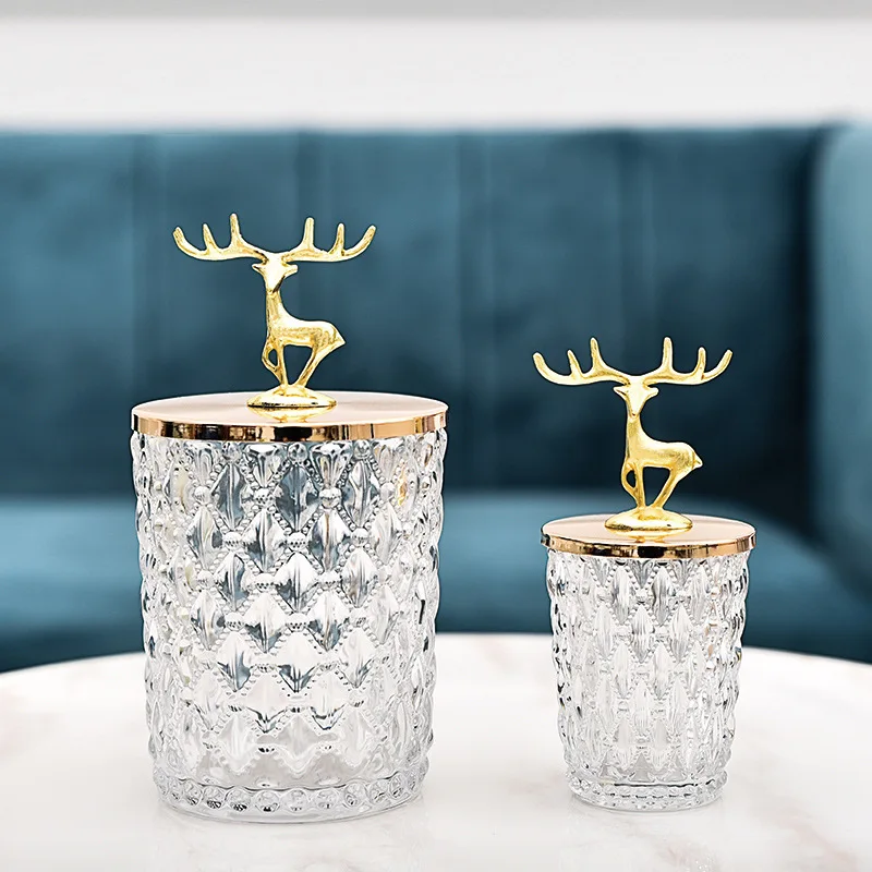North European and American style metal deer head crystal glass decoration candy storage box food container cheap glass jars
