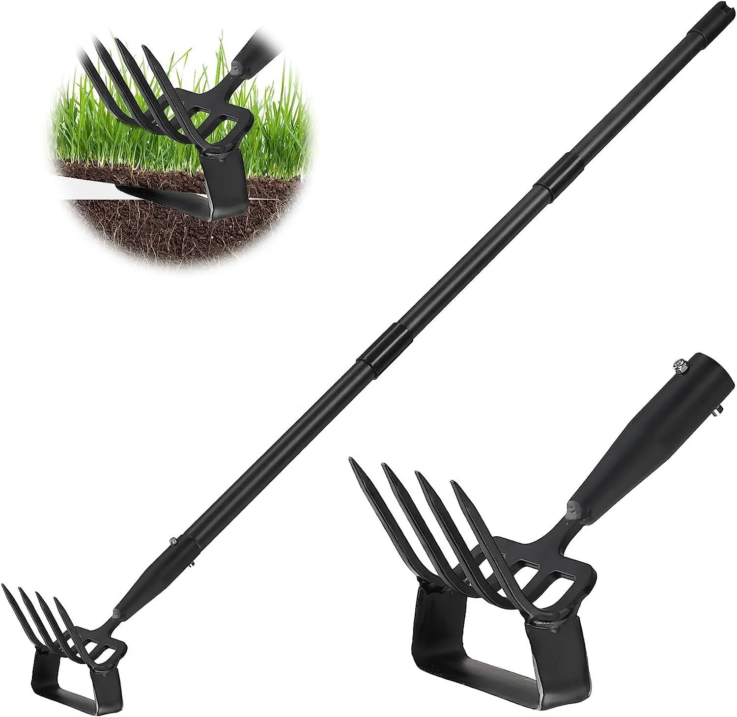 2 In 1 Heavy Duty Action Adjustable Handle Stainless Steel 6 Tines Rake Stirrup Hoe With For Weeding